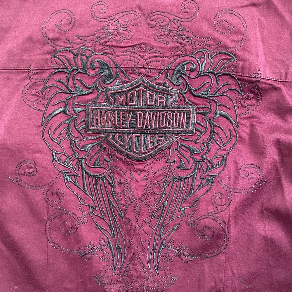 Harley Davidson Long Sleeve Button Up Burgundy Wine Color Shirt Stitched…